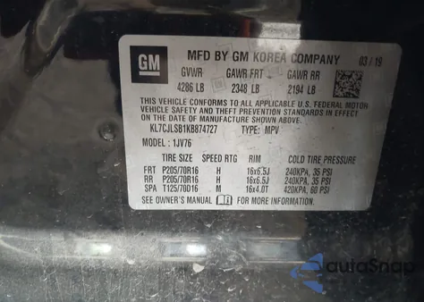 2019 Chevrolet Trax Lt z USA, uszkodzony, nr VIN KL7CJLSB1KB874727